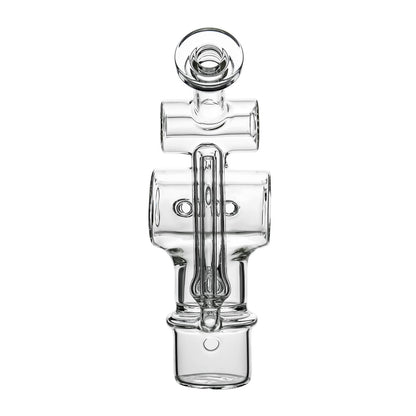Calibear Swiss Barrel Glass Attachment for Dr. Dabber Switch 2 funcion video— featuring a compact clear borosilicate barrel-shaped body with Swiss-style circular percolator disc, dual side porthole windows, internal recycler loop, angled mouthpiece with disc cap, and precision-fit Switch 2 base adapter, displayed against white background.