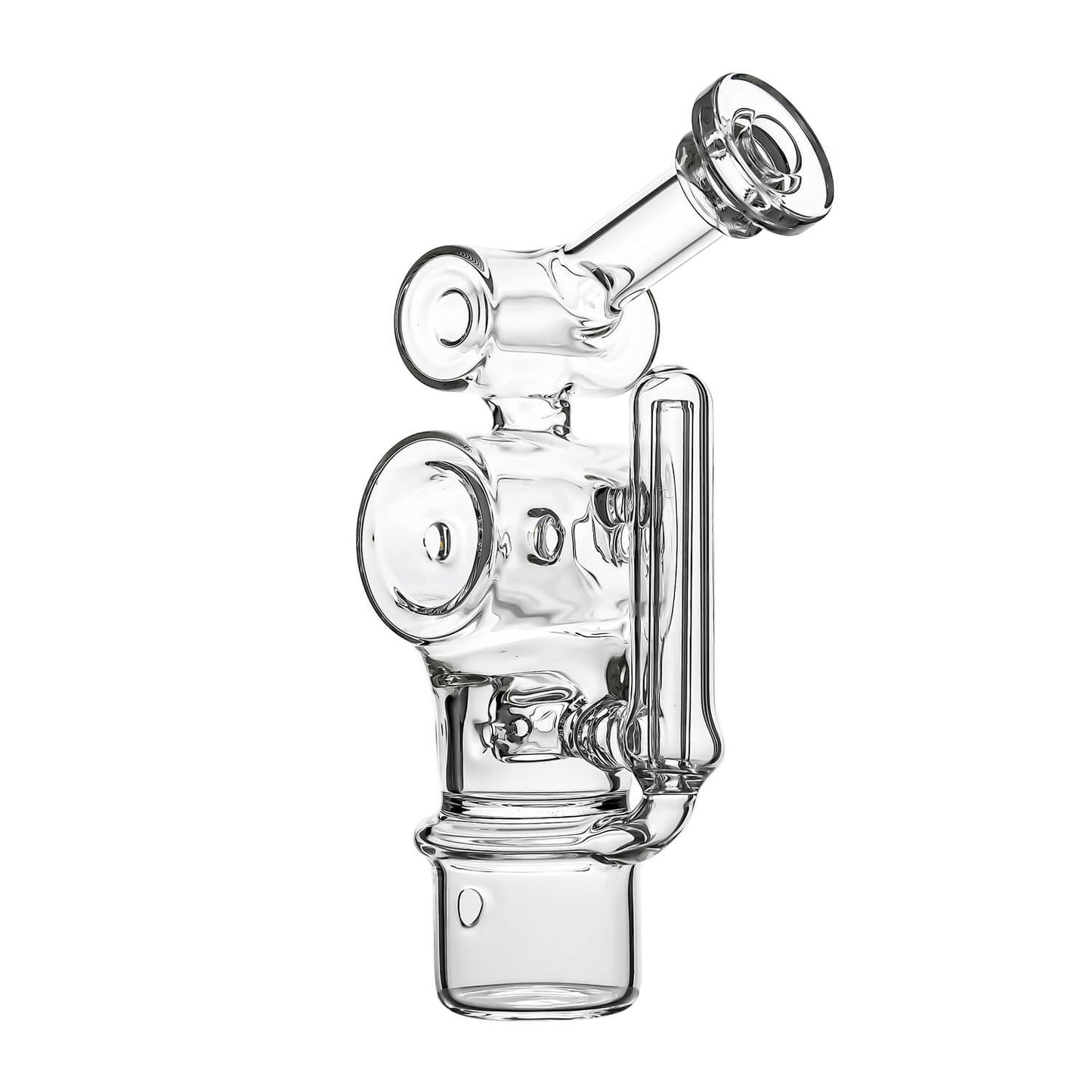 Calibear Swiss Barrel Glass Attachment for Dr. Dabber Switch 2 funcion video— featuring a compact clear borosilicate barrel-shaped body with Swiss-style circular percolator disc, dual side porthole windows, internal recycler loop, angled mouthpiece with disc cap, and precision-fit Switch 2 base adapter, displayed against white background.