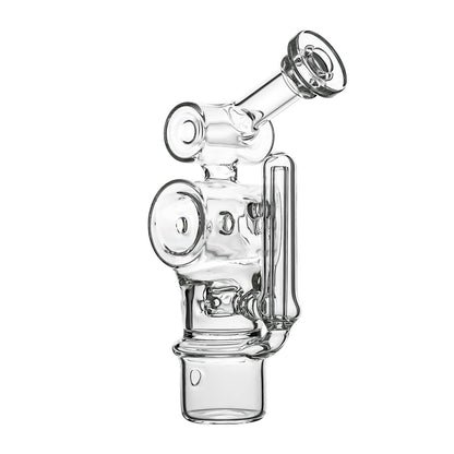 Calibear Swiss Barrel Glass Attachment for Dr. Dabber Switch 2 funcion video— featuring a compact clear borosilicate barrel-shaped body with Swiss-style circular percolator disc, dual side porthole windows, internal recycler loop, angled mouthpiece with disc cap, and precision-fit Switch 2 base adapter, displayed against white background.