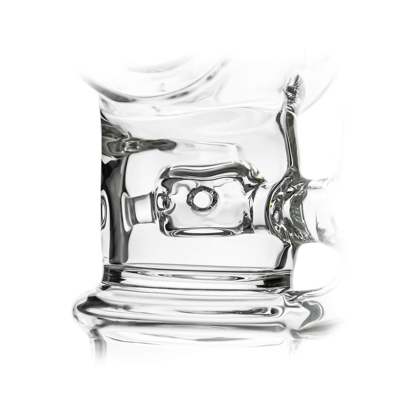 Calibear Swiss Barrel Glass Attachment for Dr. Dabber Switch 2 funcion video— featuring a compact clear borosilicate barrel-shaped body with Swiss-style circular percolator disc, dual side porthole windows, internal recycler loop, angled mouthpiece with disc cap, and precision-fit Switch 2 base adapter, displayed against white background.
