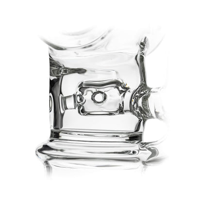 Calibear Swiss Barrel Glass Attachment for Dr. Dabber Switch 2 funcion video— featuring a compact clear borosilicate barrel-shaped body with Swiss-style circular percolator disc, dual side porthole windows, internal recycler loop, angled mouthpiece with disc cap, and precision-fit Switch 2 base adapter, displayed against white background.