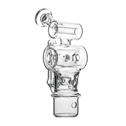 Calibear Swiss Barrel Glass Attachment for Dr. Dabber Switch 2 funcion video— featuring a compact clear borosilicate barrel-shaped body with Swiss-style circular percolator disc, dual side porthole windows, internal recycler loop, angled mouthpiece with disc cap, and precision-fit Switch 2 base adapter, displayed against white background.