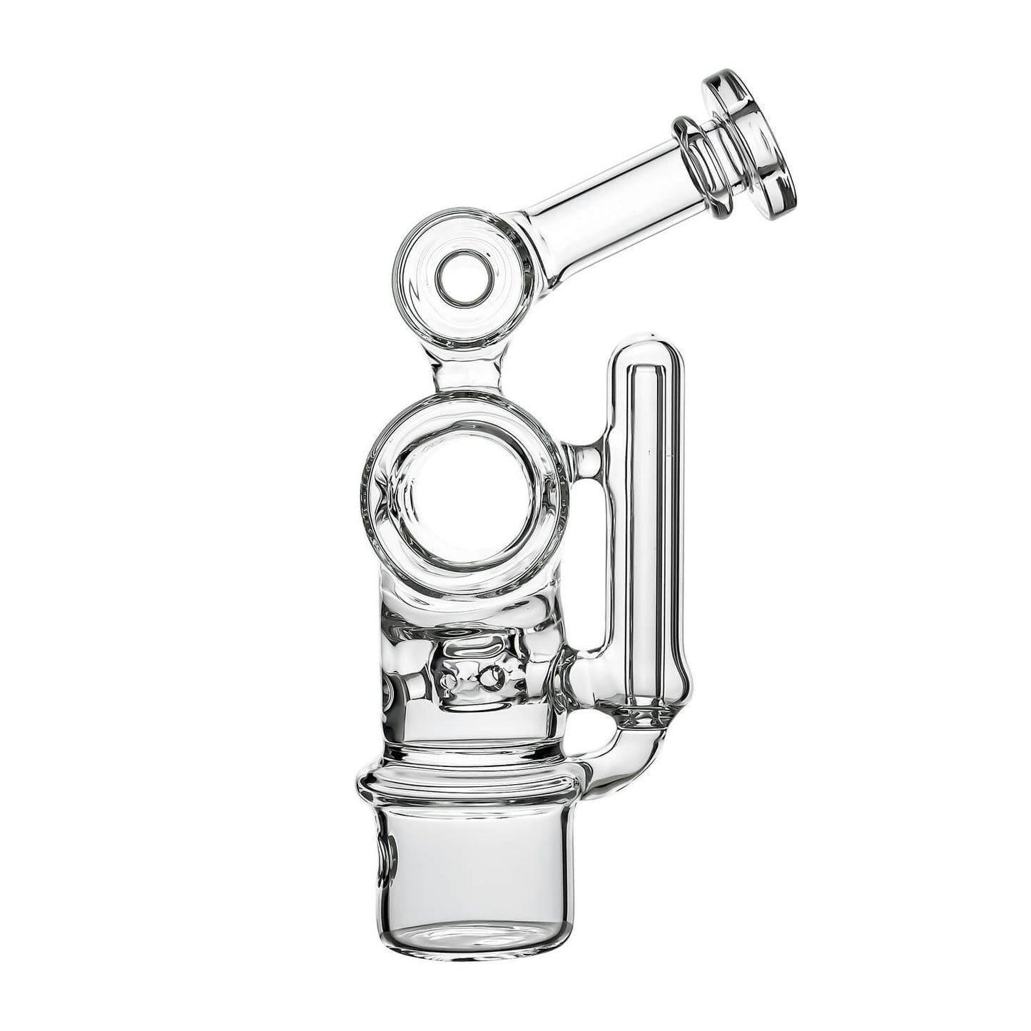 Calibear Swiss Barrel Glass Attachment for Dr. Dabber Switch 2 funcion video— featuring a compact clear borosilicate barrel-shaped body with Swiss-style circular percolator disc, dual side porthole windows, internal recycler loop, angled mouthpiece with disc cap, and precision-fit Switch 2 base adapter, displayed against white background.