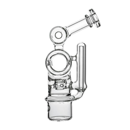 Calibear Swiss Barrel Glass Attachment for Dr. Dabber Switch 2 funcion video— featuring a compact clear borosilicate barrel-shaped body with Swiss-style circular percolator disc, dual side porthole windows, internal recycler loop, angled mouthpiece with disc cap, and precision-fit Switch 2 base adapter, displayed against white background.