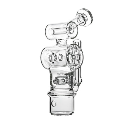 Calibear Swiss Barrel Glass Attachment for Dr. Dabber Switch 2 funcion video— featuring a compact clear borosilicate barrel-shaped body with Swiss-style circular percolator disc, dual side porthole windows, internal recycler loop, angled mouthpiece with disc cap, and precision-fit Switch 2 base adapter, displayed against white background.