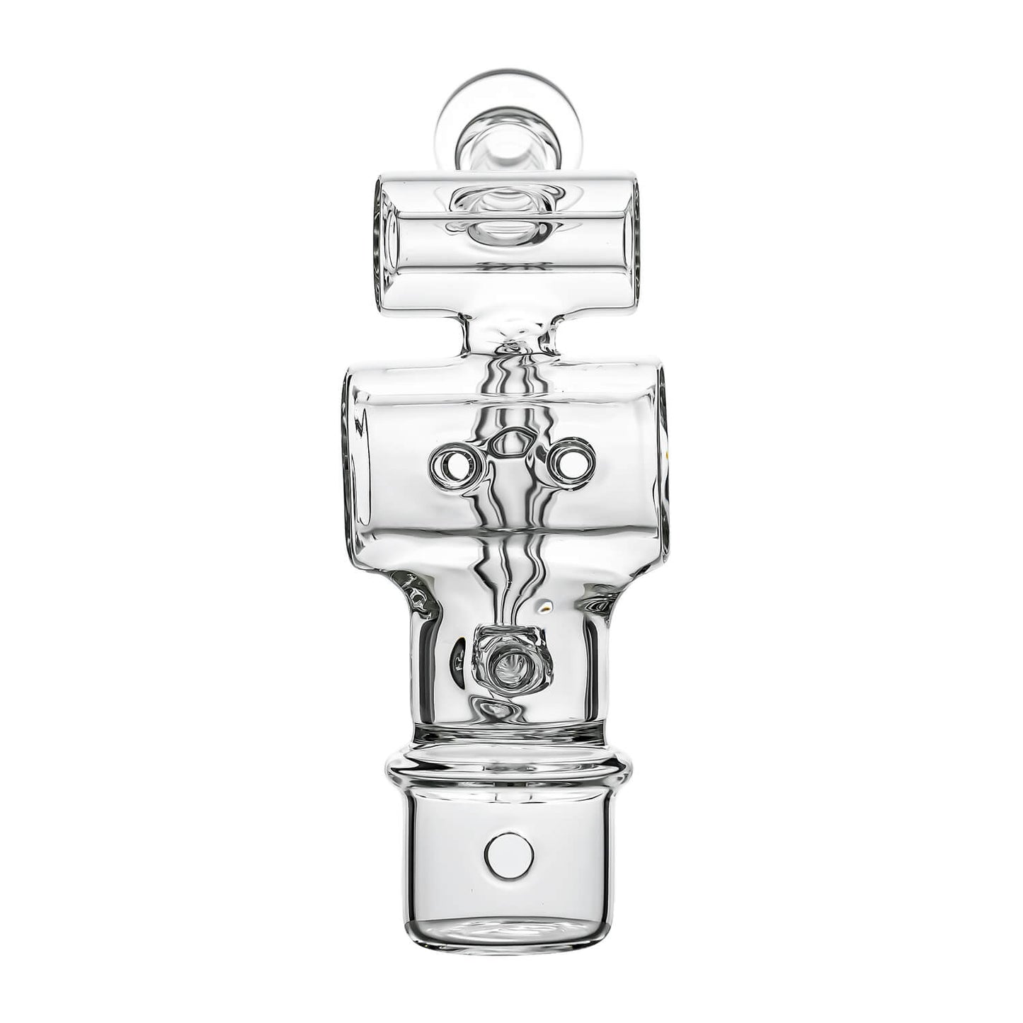 Calibear Swiss Barrel Glass Attachment for Dr. Dabber Switch 2 funcion video— featuring a compact clear borosilicate barrel-shaped body with Swiss-style circular percolator disc, dual side porthole windows, internal recycler loop, angled mouthpiece with disc cap, and precision-fit Switch 2 base adapter, displayed against white background.