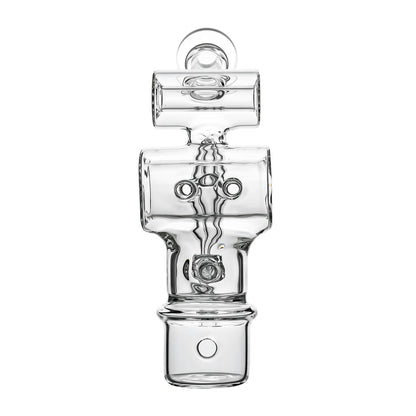 Calibear Swiss Barrel Glass Attachment for Dr. Dabber Switch 2 funcion video— featuring a compact clear borosilicate barrel-shaped body with Swiss-style circular percolator disc, dual side porthole windows, internal recycler loop, angled mouthpiece with disc cap, and precision-fit Switch 2 base adapter, displayed against white background.
