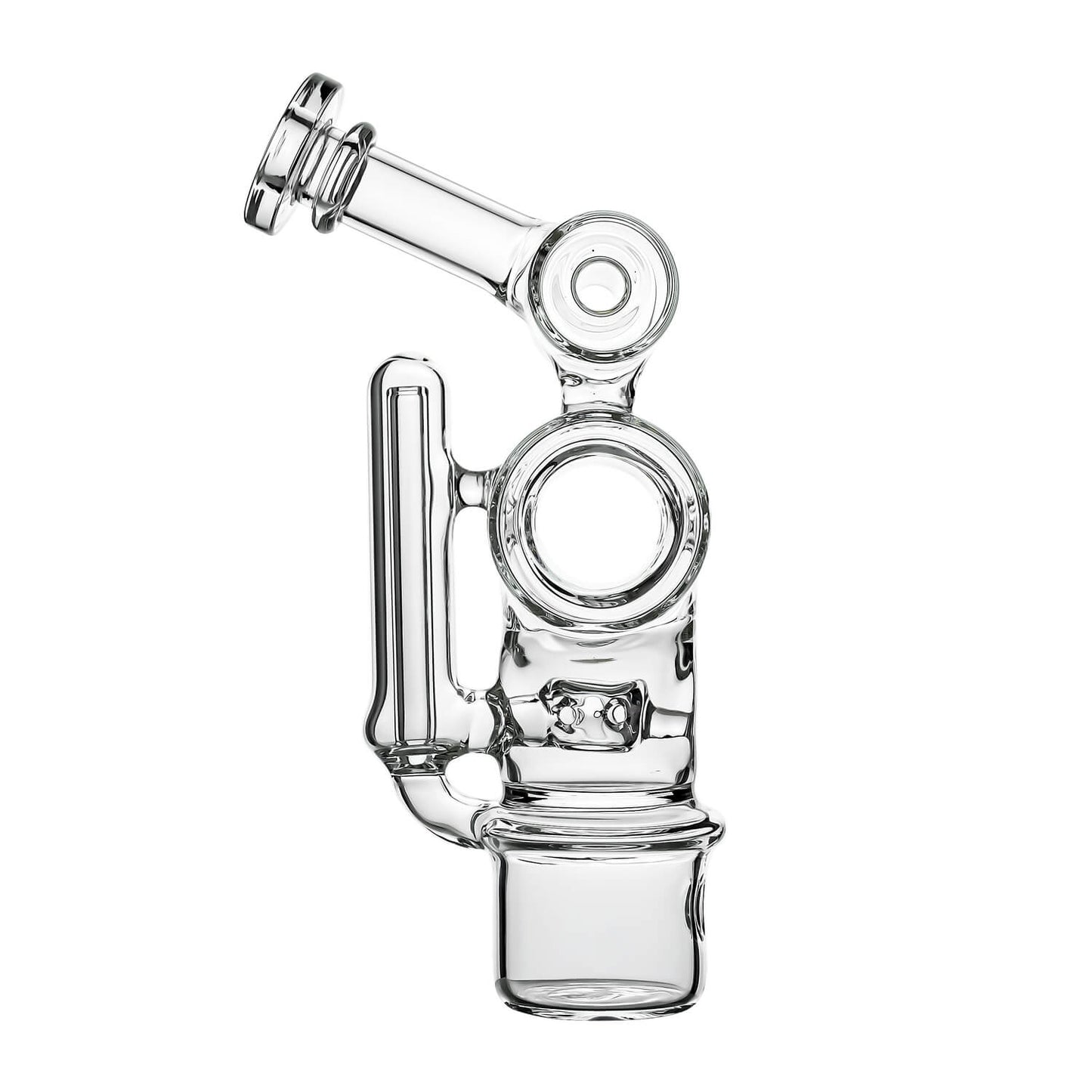 Calibear Swiss Barrel Glass Attachment for Dr. Dabber Switch 2 funcion video— featuring a compact clear borosilicate barrel-shaped body with Swiss-style circular percolator disc, dual side porthole windows, internal recycler loop, angled mouthpiece with disc cap, and precision-fit Switch 2 base adapter, displayed against white background.