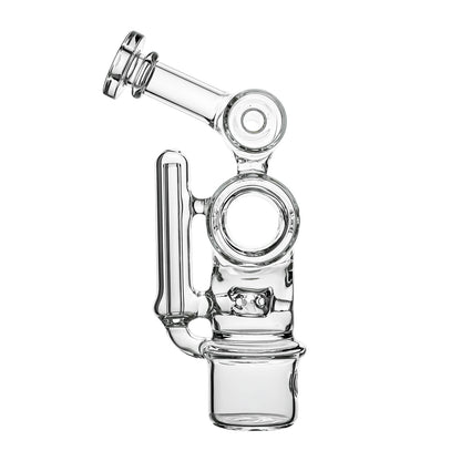 Calibear Swiss Barrel Glass Attachment for Dr. Dabber Switch 2 funcion video— featuring a compact clear borosilicate barrel-shaped body with Swiss-style circular percolator disc, dual side porthole windows, internal recycler loop, angled mouthpiece with disc cap, and precision-fit Switch 2 base adapter, displayed against white background.