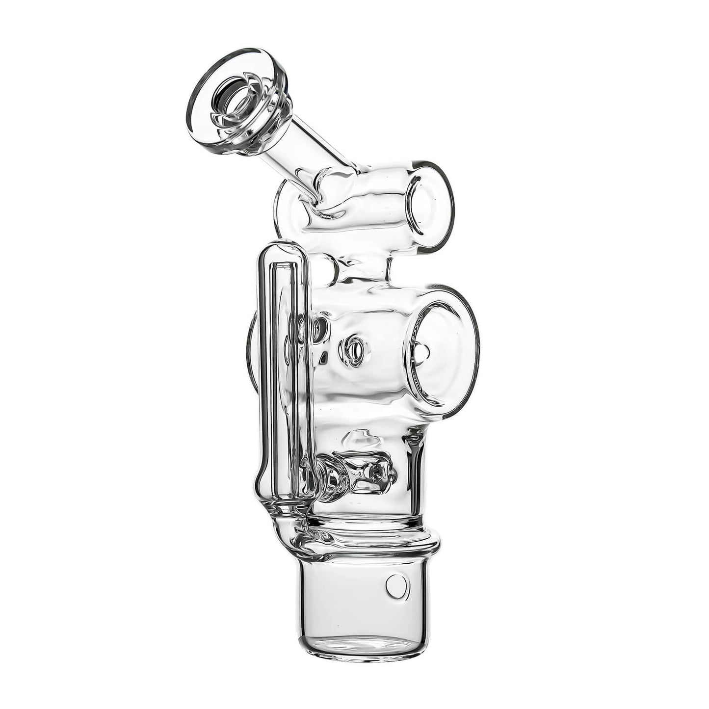 Calibear Swiss Barrel Glass Attachment for Dr. Dabber Switch 2 funcion video— featuring a compact clear borosilicate barrel-shaped body with Swiss-style circular percolator disc, dual side porthole windows, internal recycler loop, angled mouthpiece with disc cap, and precision-fit Switch 2 base adapter, displayed against white background.