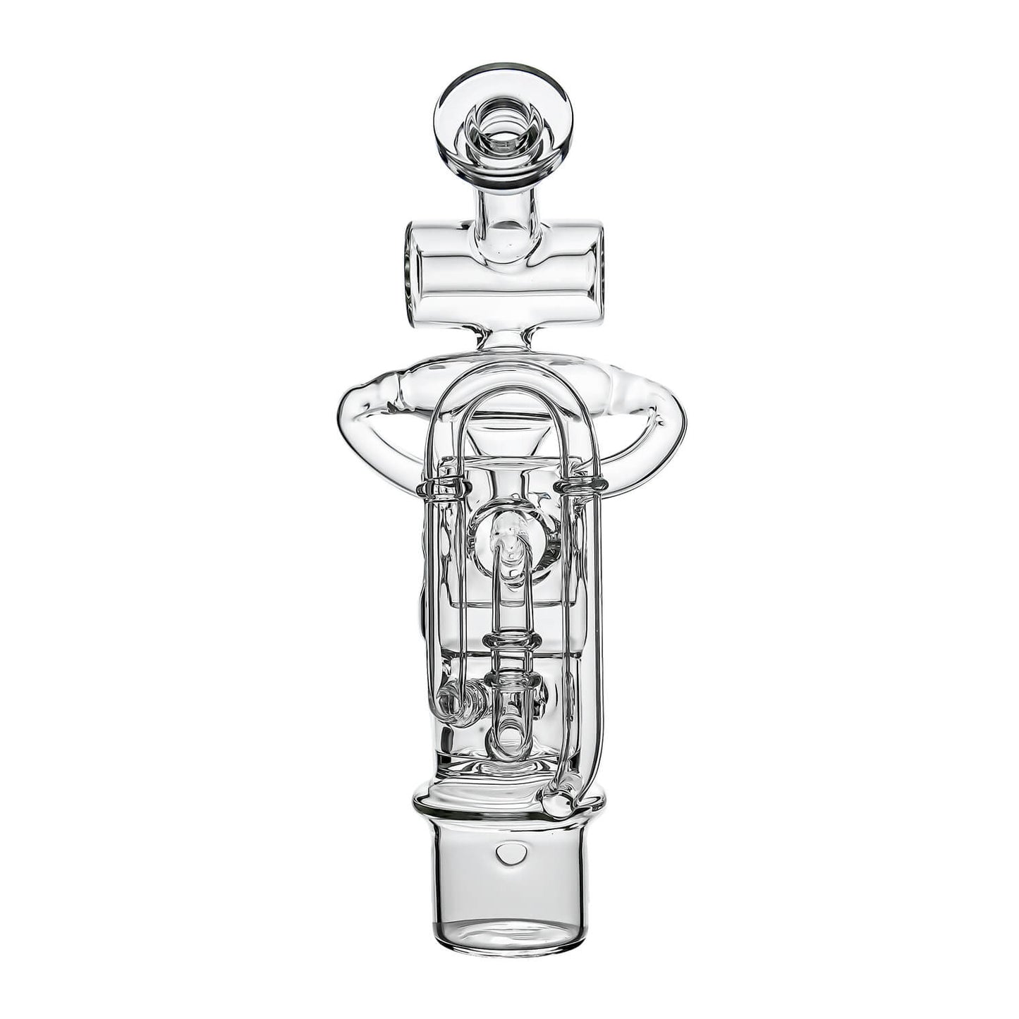 Calibear Swiss Straight Fab Recycler Glass Attachment for Dr. Dabber Switch 2 shown mounted on device and standalone — featuring a clear borosilicate dual-chamber body with Swiss-style cage percolator, internal recycler loop pathways, decorative Calibear bear embossment, angled mouthpiece with disc cap, and precision-fit Switch 2 base adapter, displayed against white background.
