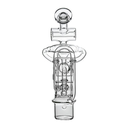 Calibear Swiss Straight Fab Recycler Glass Attachment for Dr. Dabber Switch 2 shown mounted on device and standalone — featuring a clear borosilicate dual-chamber body with Swiss-style cage percolator, internal recycler loop pathways, decorative Calibear bear embossment, angled mouthpiece with disc cap, and precision-fit Switch 2 base adapter, displayed against white background.