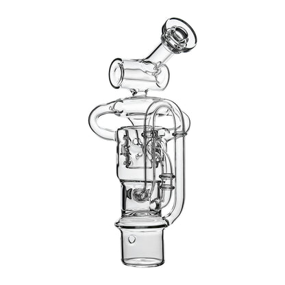 Calibear Swiss Straight Fab Recycler Glass Attachment for Dr. Dabber Switch 2 shown mounted on device and standalone — featuring a clear borosilicate dual-chamber body with Swiss-style cage percolator, internal recycler loop pathways, decorative Calibear bear embossment, angled mouthpiece with disc cap, and precision-fit Switch 2 base adapter, displayed against white background.