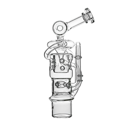 Calibear Swiss Straight Fab Recycler Glass Attachment for Dr. Dabber Switch 2 shown mounted on device and standalone — featuring a clear borosilicate dual-chamber body with Swiss-style cage percolator, internal recycler loop pathways, decorative Calibear bear embossment, angled mouthpiece with disc cap, and precision-fit Switch 2 base adapter, displayed against white background.