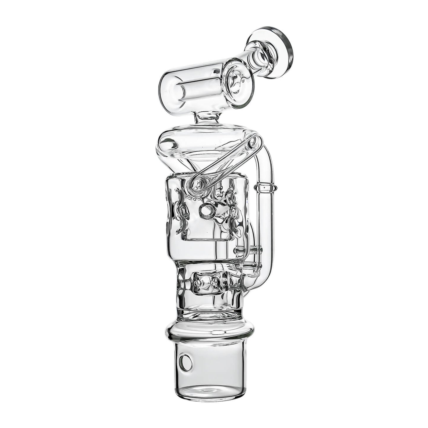 Calibear Swiss Straight Fab Recycler Glass Attachment for Dr. Dabber Switch 2 shown mounted on device and standalone — featuring a clear borosilicate dual-chamber body with Swiss-style cage percolator, internal recycler loop pathways, decorative Calibear bear embossment, angled mouthpiece with disc cap, and precision-fit Switch 2 base adapter, displayed against white background.