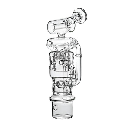Calibear Swiss Straight Fab Recycler Glass Attachment for Dr. Dabber Switch 2 shown mounted on device and standalone — featuring a clear borosilicate dual-chamber body with Swiss-style cage percolator, internal recycler loop pathways, decorative Calibear bear embossment, angled mouthpiece with disc cap, and precision-fit Switch 2 base adapter, displayed against white background.