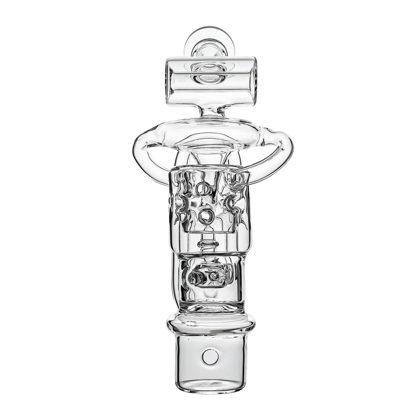 Calibear Swiss Straight Fab Recycler Glass Attachment for Dr. Dabber Switch 2 shown mounted on device and standalone — featuring a clear borosilicate dual-chamber body with Swiss-style cage percolator, internal recycler loop pathways, decorative Calibear bear embossment, angled mouthpiece with disc cap, and precision-fit Switch 2 base adapter, displayed against white background.