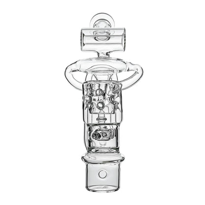 Calibear Swiss Straight Fab Recycler Glass Attachment for Dr. Dabber Switch 2 shown mounted on device and standalone — featuring a clear borosilicate dual-chamber body with Swiss-style cage percolator, internal recycler loop pathways, decorative Calibear bear embossment, angled mouthpiece with disc cap, and precision-fit Switch 2 base adapter, displayed against white background.