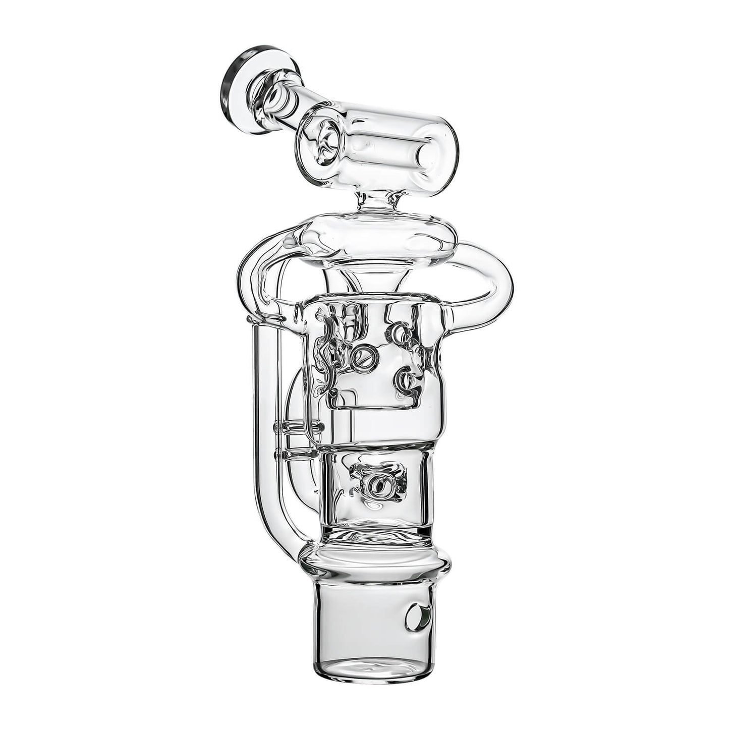 Calibear Swiss Straight Fab Recycler Glass Attachment for Dr. Dabber Switch 2 shown mounted on device and standalone — featuring a clear borosilicate dual-chamber body with Swiss-style cage percolator, internal recycler loop pathways, decorative Calibear bear embossment, angled mouthpiece with disc cap, and precision-fit Switch 2 base adapter, displayed against white background.