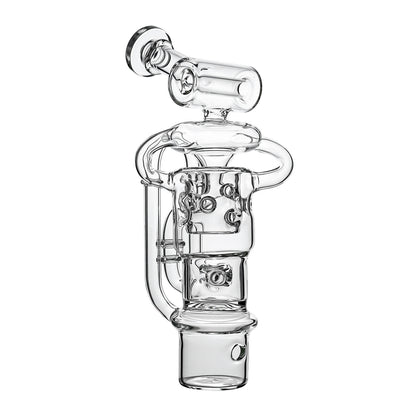 Calibear Swiss Straight Fab Recycler Glass Attachment for Dr. Dabber Switch 2 shown mounted on device and standalone — featuring a clear borosilicate dual-chamber body with Swiss-style cage percolator, internal recycler loop pathways, decorative Calibear bear embossment, angled mouthpiece with disc cap, and precision-fit Switch 2 base adapter, displayed against white background.