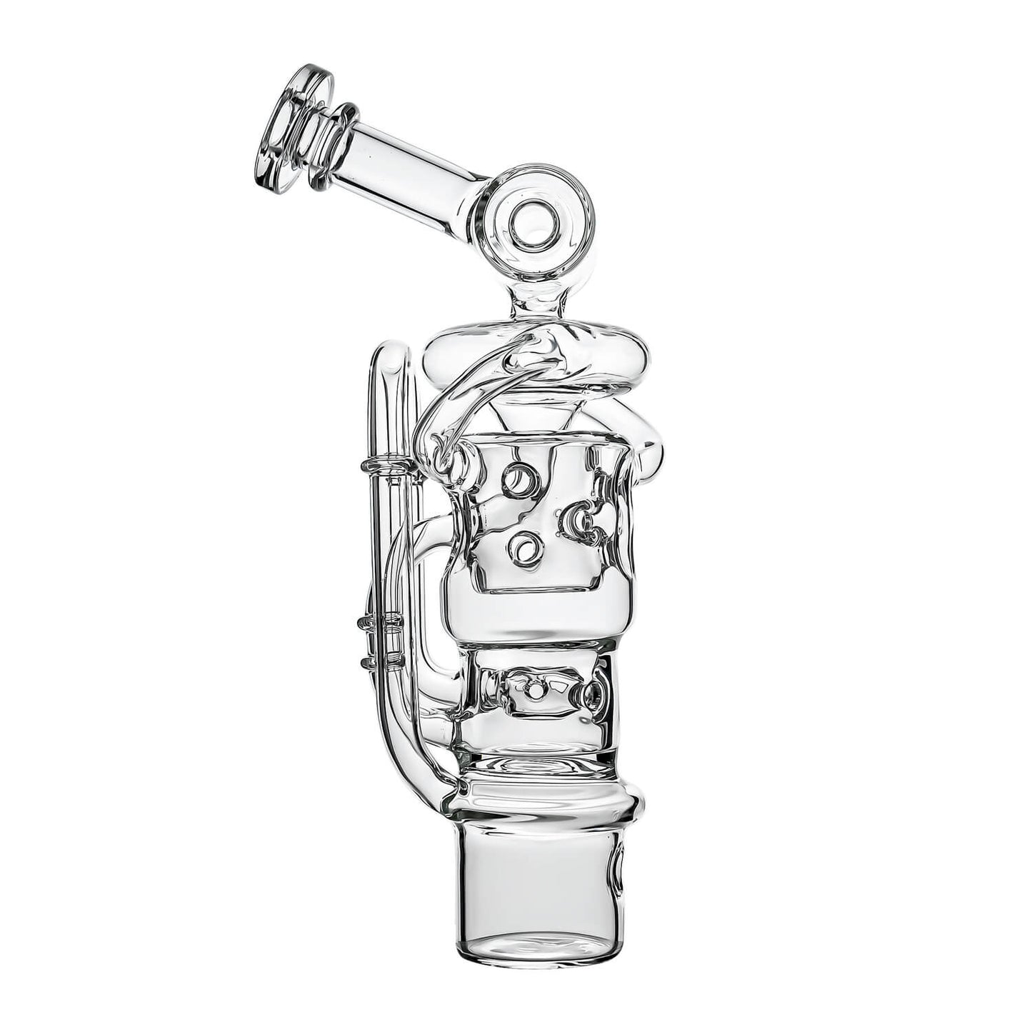 Calibear Swiss Straight Fab Recycler Glass Attachment for Dr. Dabber Switch 2 shown mounted on device and standalone — featuring a clear borosilicate dual-chamber body with Swiss-style cage percolator, internal recycler loop pathways, decorative Calibear bear embossment, angled mouthpiece with disc cap, and precision-fit Switch 2 base adapter, displayed against white background.
