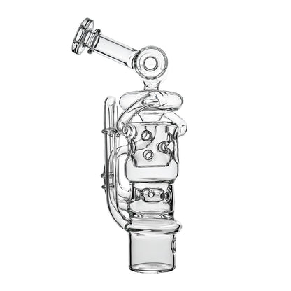 Calibear Swiss Straight Fab Recycler Glass Attachment for Dr. Dabber Switch 2 shown mounted on device and standalone — featuring a clear borosilicate dual-chamber body with Swiss-style cage percolator, internal recycler loop pathways, decorative Calibear bear embossment, angled mouthpiece with disc cap, and precision-fit Switch 2 base adapter, displayed against white background.