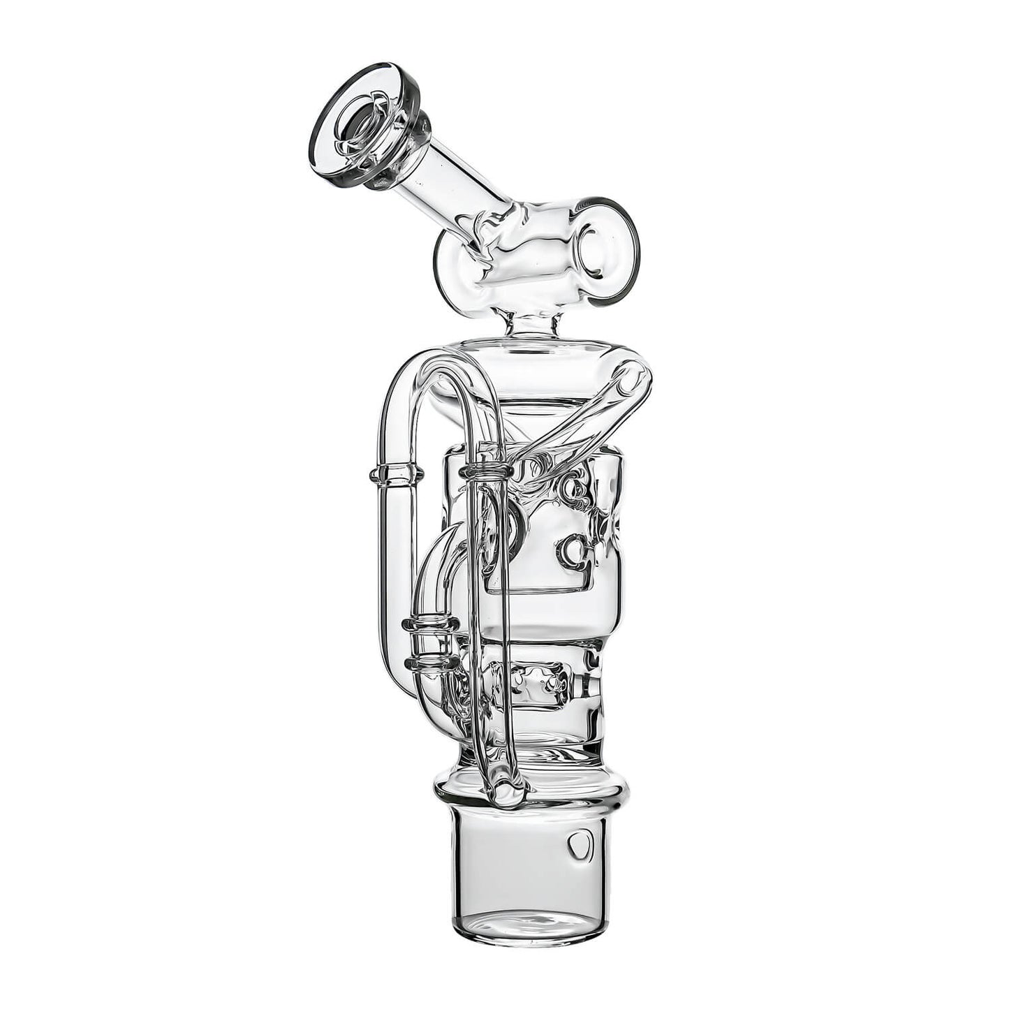 Calibear Swiss Straight Fab Recycler Glass Attachment for Dr. Dabber Switch 2 shown mounted on device and standalone — featuring a clear borosilicate dual-chamber body with Swiss-style cage percolator, internal recycler loop pathways, decorative Calibear bear embossment, angled mouthpiece with disc cap, and precision-fit Switch 2 base adapter, displayed against white background.