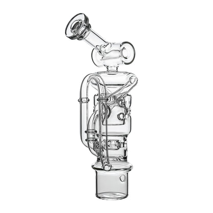 Calibear Swiss Straight Fab Recycler Glass Attachment for Dr. Dabber Switch 2 shown mounted on device and standalone — featuring a clear borosilicate dual-chamber body with Swiss-style cage percolator, internal recycler loop pathways, decorative Calibear bear embossment, angled mouthpiece with disc cap, and precision-fit Switch 2 base adapter, displayed against white background.