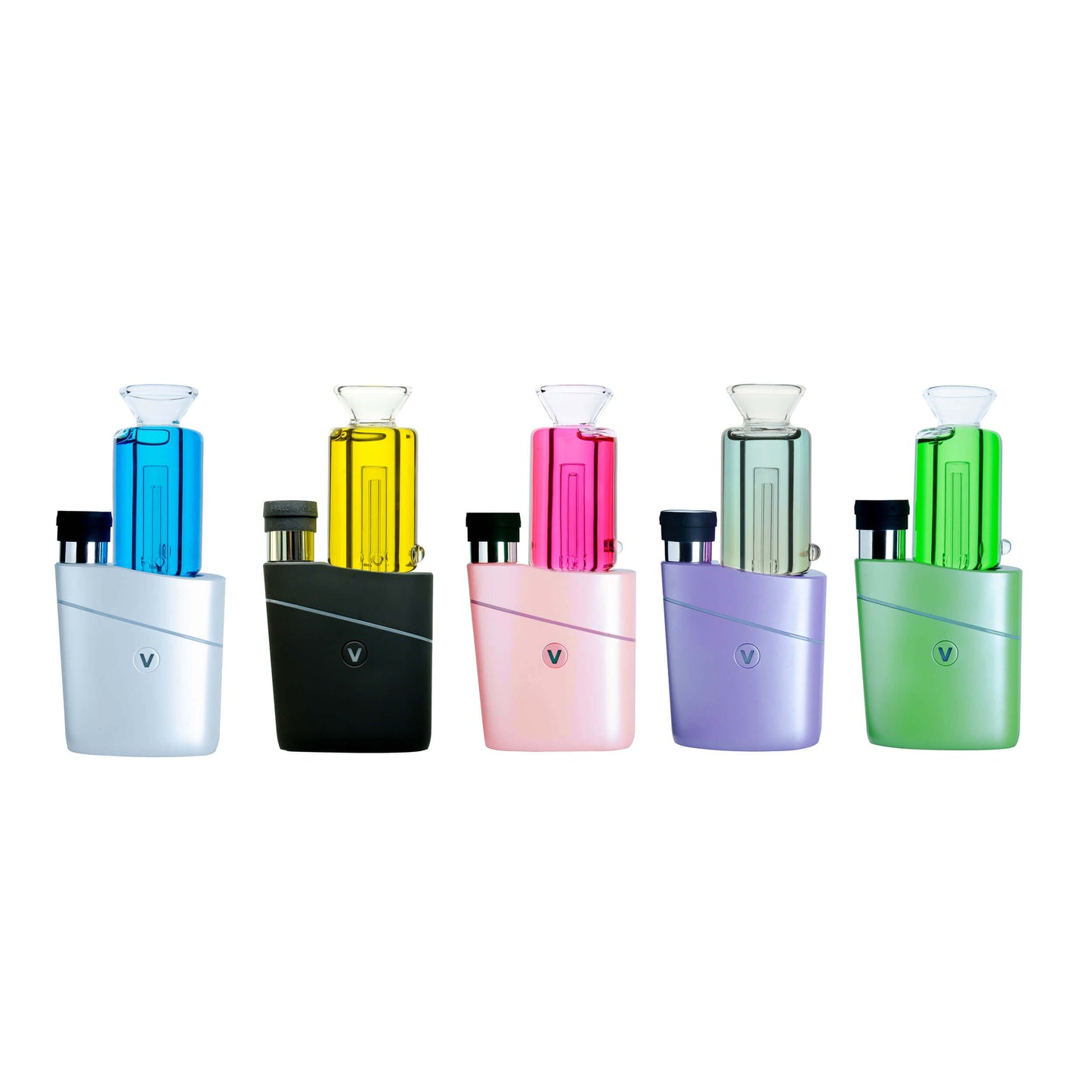 Five colorful Chill Pop glycerin-filled glass toppers for Focus V Carta and VLAB Halo in pink, purple, blue, orange, and green on a white background.