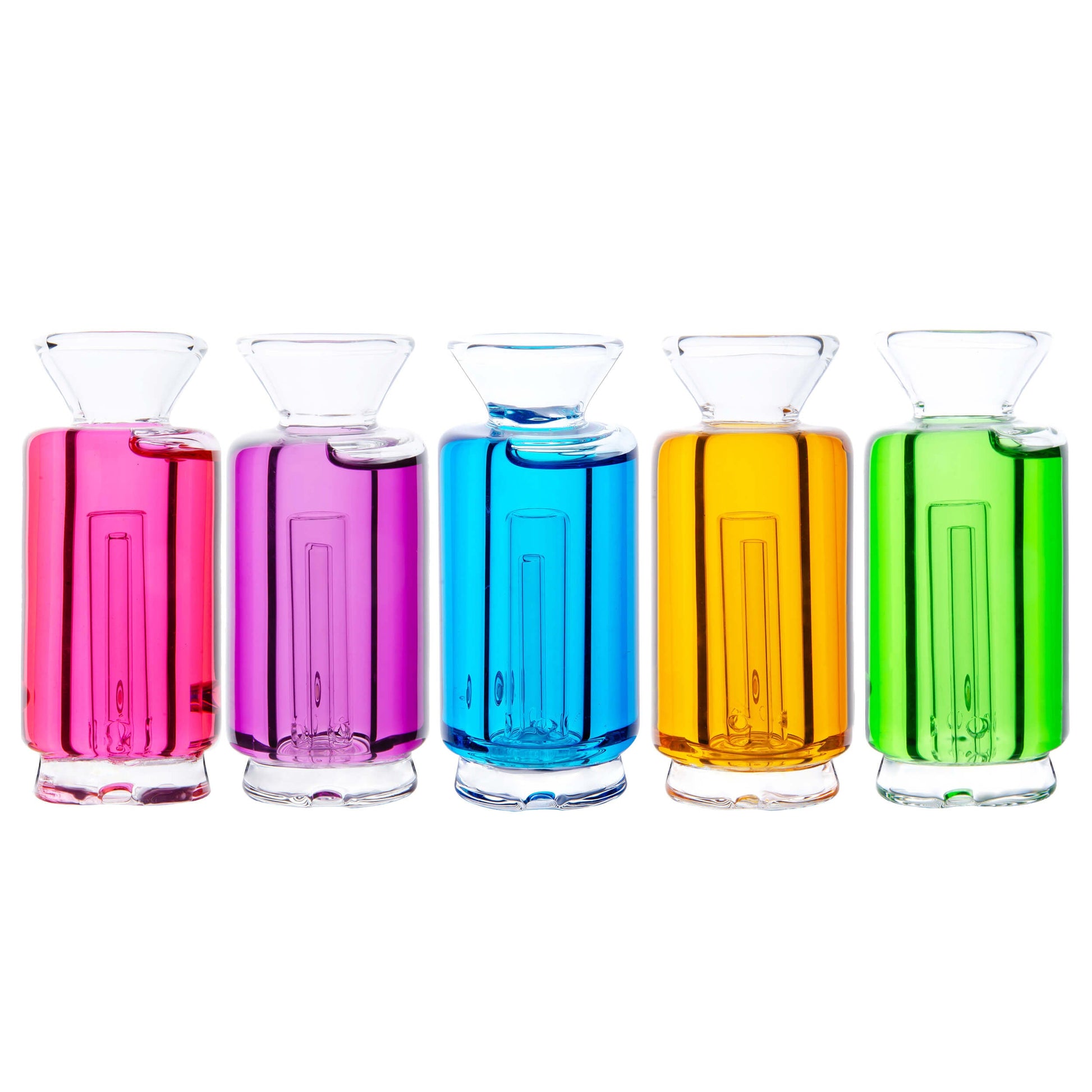 Five colorful Chill Pop glycerin-filled glass toppers for Focus V Carta and VLAB Halo in pink, purple, blue, orange, and green on a white background.