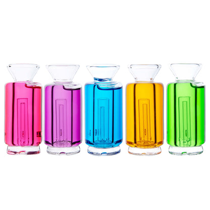Five colorful Chill Pop glycerin-filled glass toppers for Focus V Carta and VLAB Halo in pink, purple, blue, orange, and green on a white background.