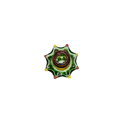 Two Calibear Pivot devices with green Christmas tree glass attachments featuring colorful ornaments on a white background.