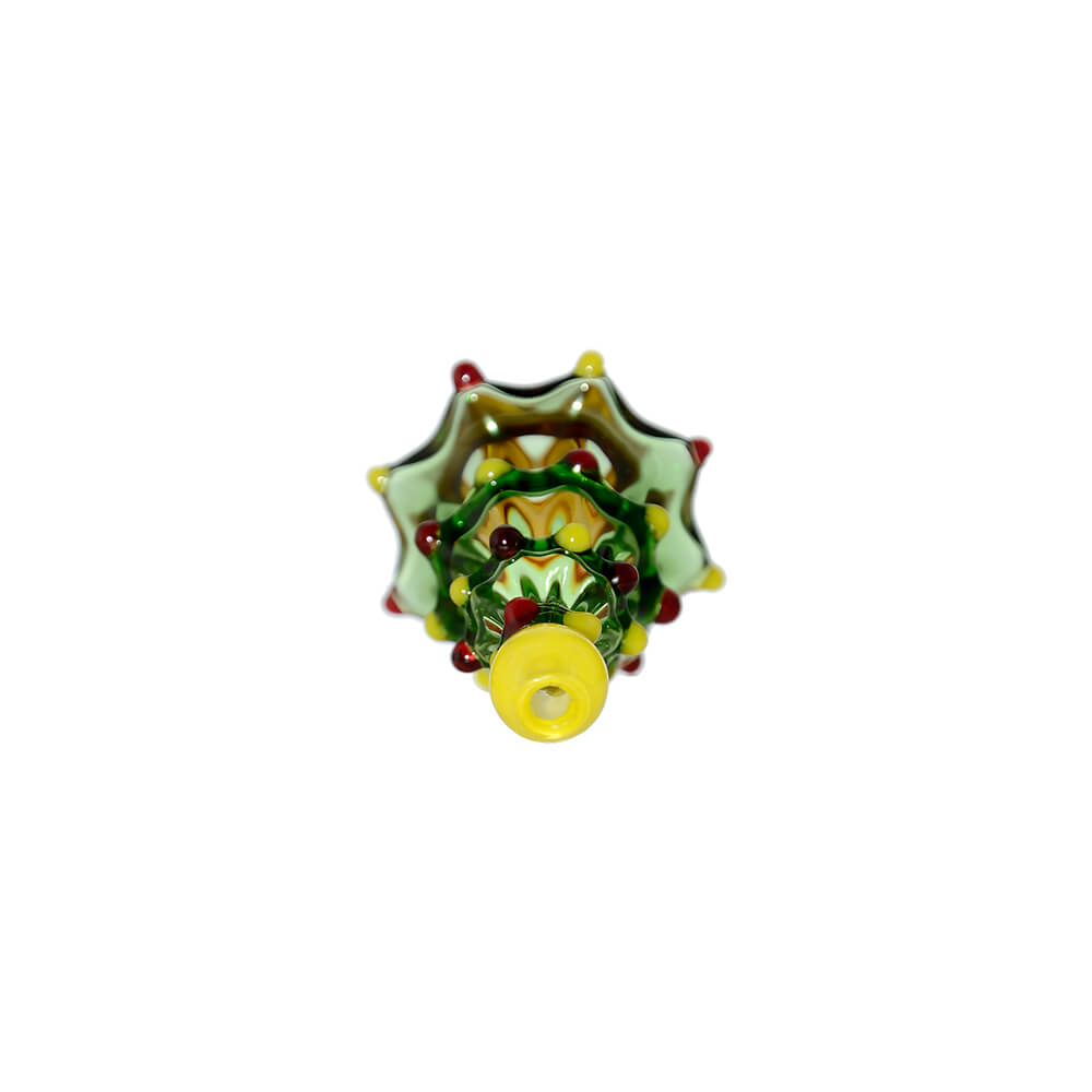 Two Calibear Pivot devices with green Christmas tree glass attachments featuring colorful ornaments on a white background.