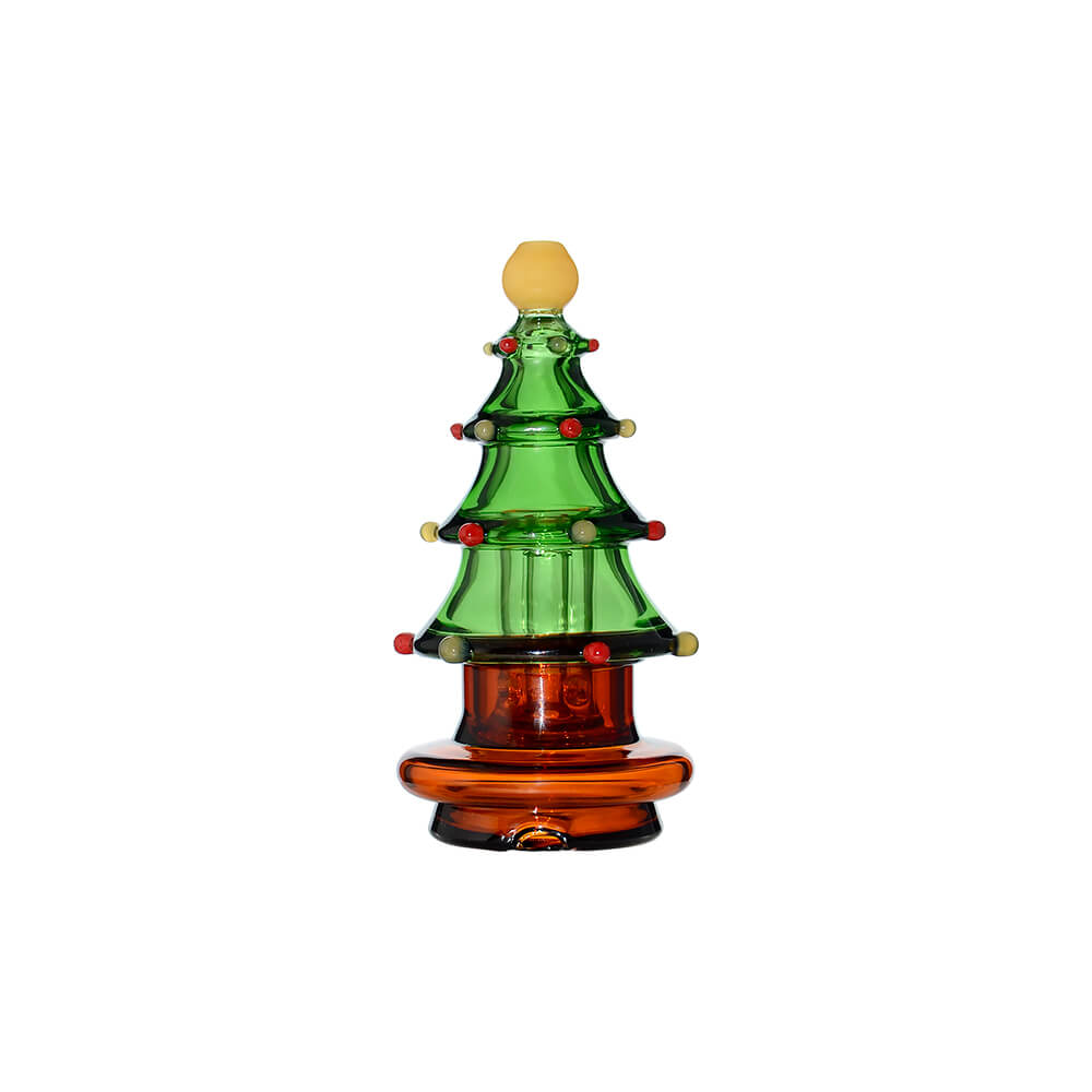 Calibear Christmas tree glass top attachment with layered green branches shown on a Puffco Peak device and standalone.