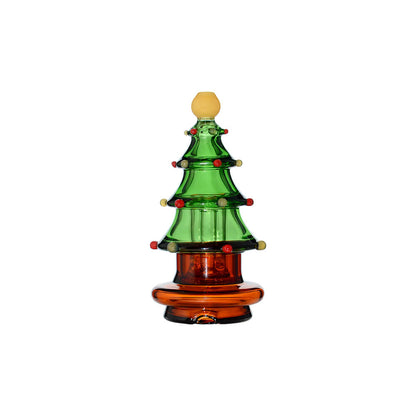 Calibear Christmas tree glass top attachment with layered green branches shown on a Puffco Peak device and standalone.