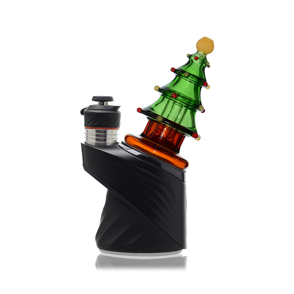 Calibear Christmas tree glass top attachment with layered green branches shown on a Puffco Peak device and standalone.