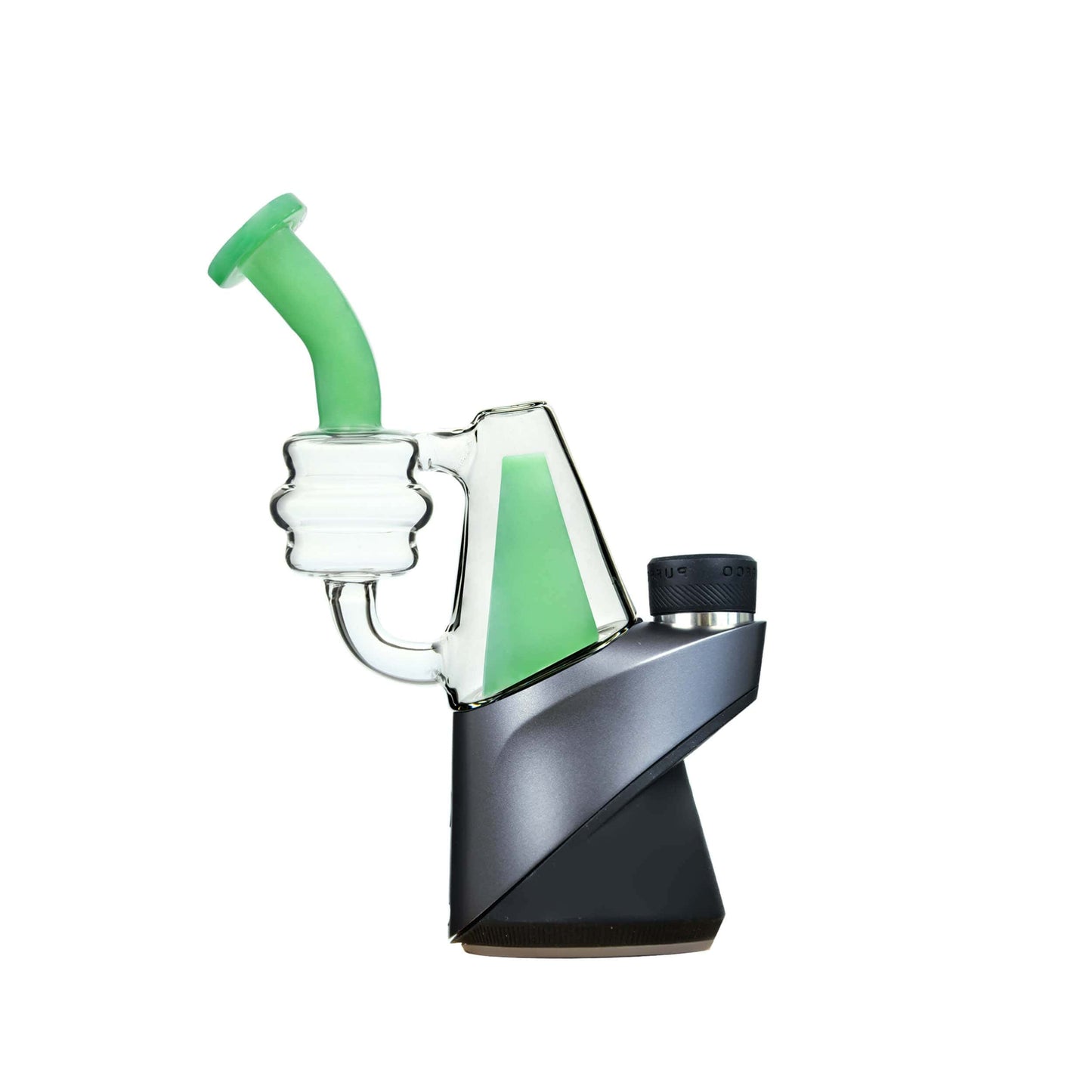 Five CaliBear colored recycler glass replacement tops for Puffco Peak and Pro in pink, purple, blue, green, and lime showing coiled percolator and curved mouthpiece.