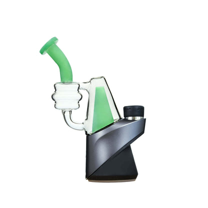 Five CaliBear colored recycler glass replacement tops for Puffco Peak and Pro in pink, purple, blue, green, and lime showing coiled percolator and curved mouthpiece.