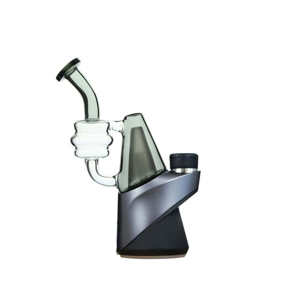 Five CaliBear colored recycler glass replacement tops for Puffco Peak and Pro in pink, purple, blue, green, and lime showing coiled percolator and curved mouthpiece.