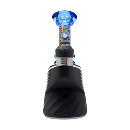 A collection of CaliBear glass attachments for Puffco Peak OG and Pro featuring vibrant wigwag swirl patterns in multiple colors and encased opal accents.