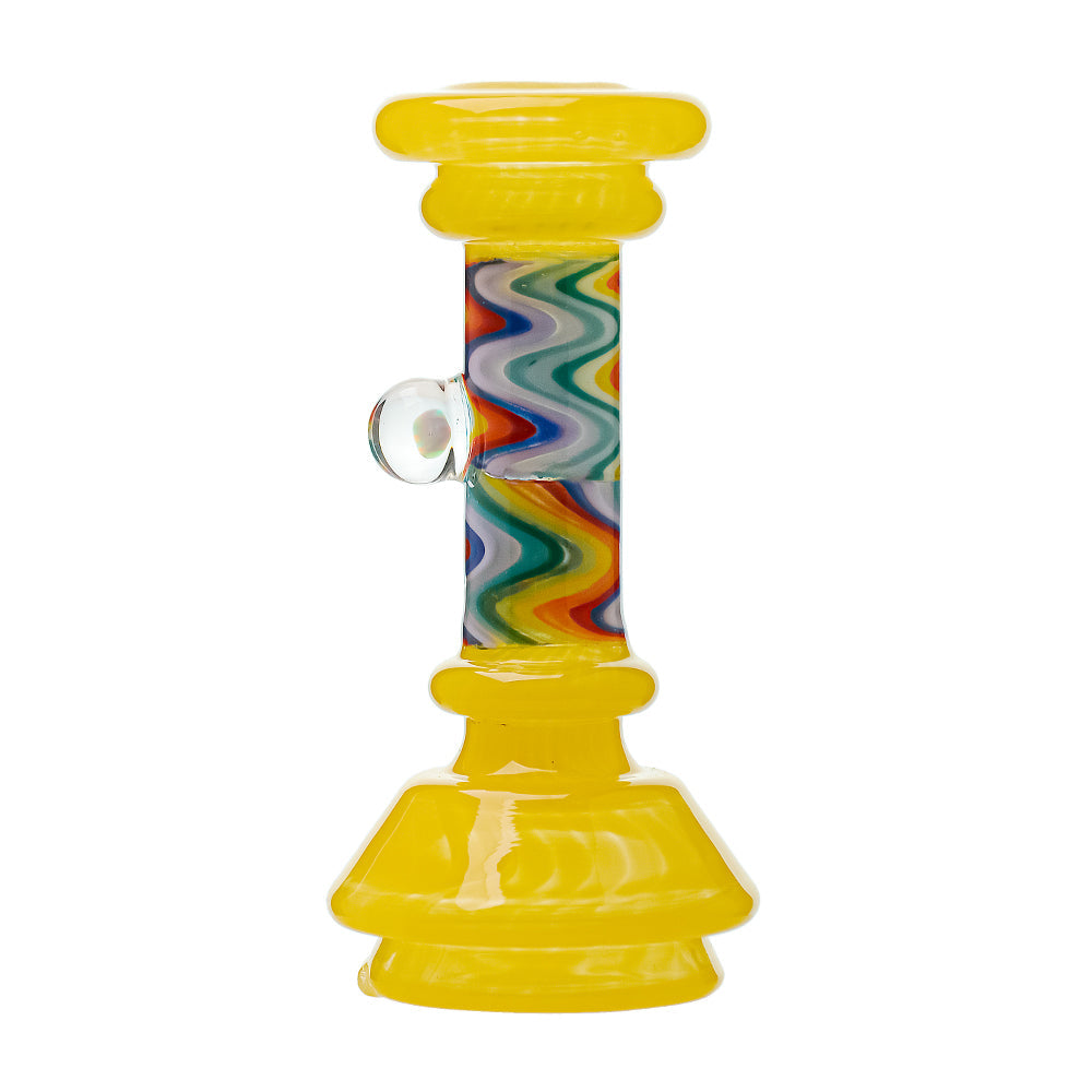 A collection of CaliBear glass attachments for Puffco Peak OG and Pro featuring vibrant wigwag swirl patterns in multiple colors and encased opal accents.