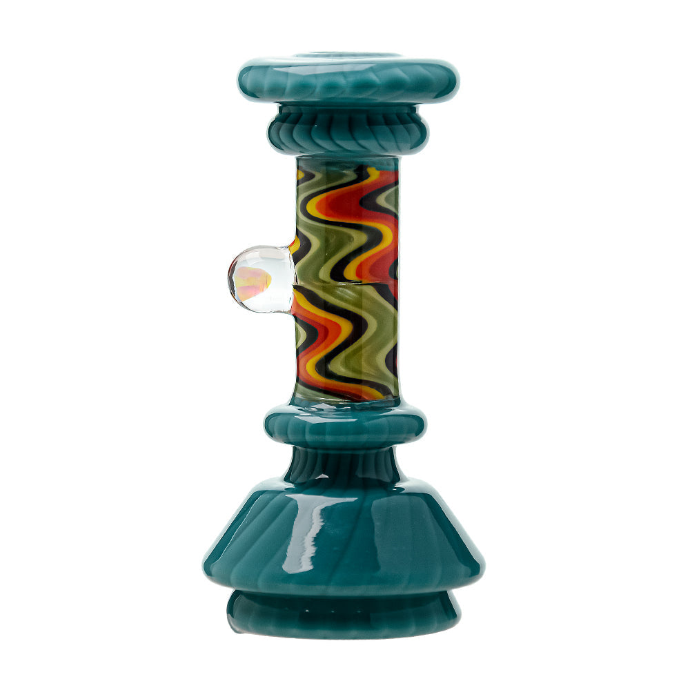 A collection of CaliBear glass attachments for Puffco Peak OG and Pro featuring vibrant wigwag swirl patterns in multiple colors and encased opal accents.