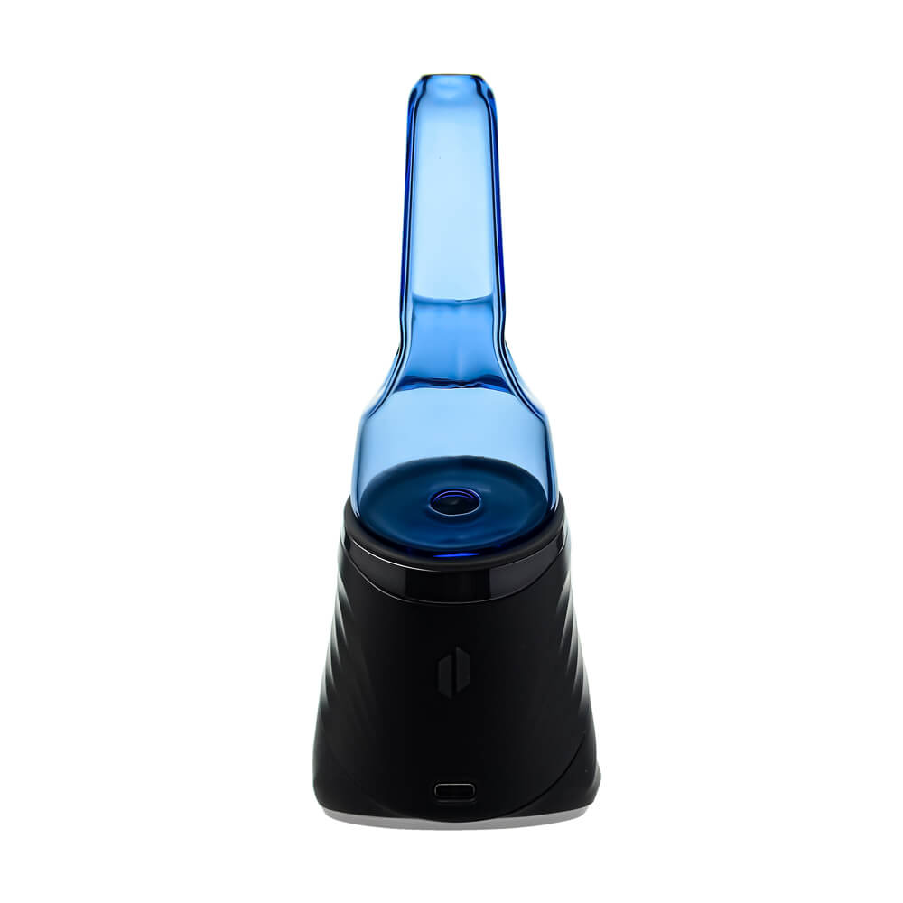 Four colorful conical dry top glass attachments for Puffco Peak OG and Pro in blue, smoke, purple, and clear by CaliBear.