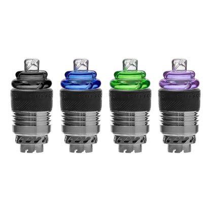 CaliBear dual-functional spinning carb caps with opal inlays for Puffco Peak and Proxy in black, blue, green, and purple showing reversible airflow design.