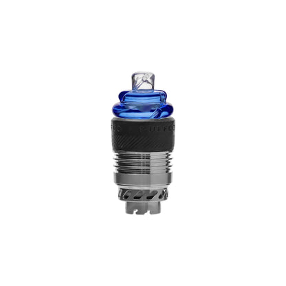 CaliBear dual-functional spinning carb caps with opal inlays for Puffco Peak and Proxy in black, blue, green, and purple showing reversible airflow design.