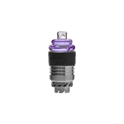 CaliBear dual-functional spinning carb caps with opal inlays for Puffco Peak and Proxy in black, blue, green, and purple showing reversible airflow design.