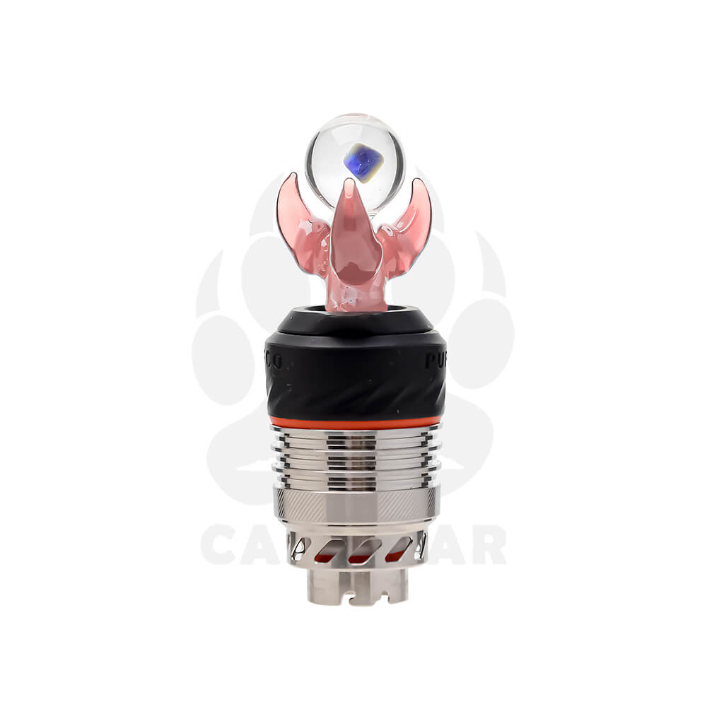 Seven color variations of the Calibear Dragon Claw Glass Joystick Carb Cap with encased opals, mounted on Puffco Peak Pro 3DXL chambers, featuring sculpted three-pronged glass dragon claws holding clear spheres with shifting colored opals inside in teal, red, yellow, pink, green, blue, and purple.
