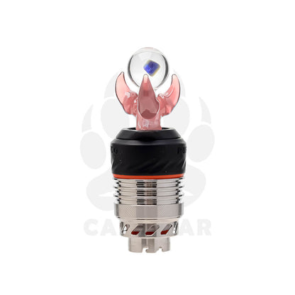 Seven color variations of the Calibear Dragon Claw Glass Joystick Carb Cap with encased opals, mounted on Puffco Peak Pro 3DXL chambers, featuring sculpted three-pronged glass dragon claws holding clear spheres with shifting colored opals inside in teal, red, yellow, pink, green, blue, and purple.