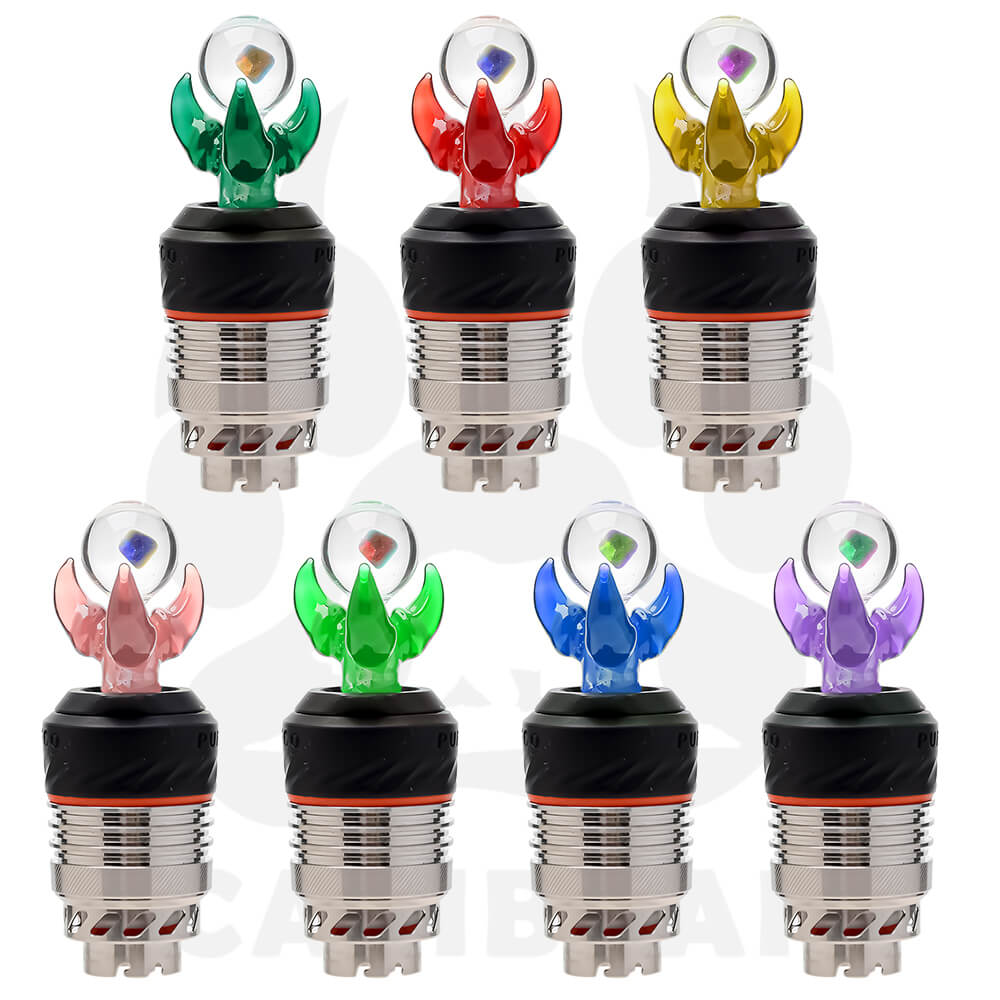Seven color variations of the Calibear Dragon Claw Glass Joystick Carb Cap with encased opals, mounted on Puffco Peak Pro 3DXL chambers, featuring sculpted three-pronged glass dragon claws holding clear spheres with shifting colored opals inside in teal, red, yellow, pink, green, blue, and purple.