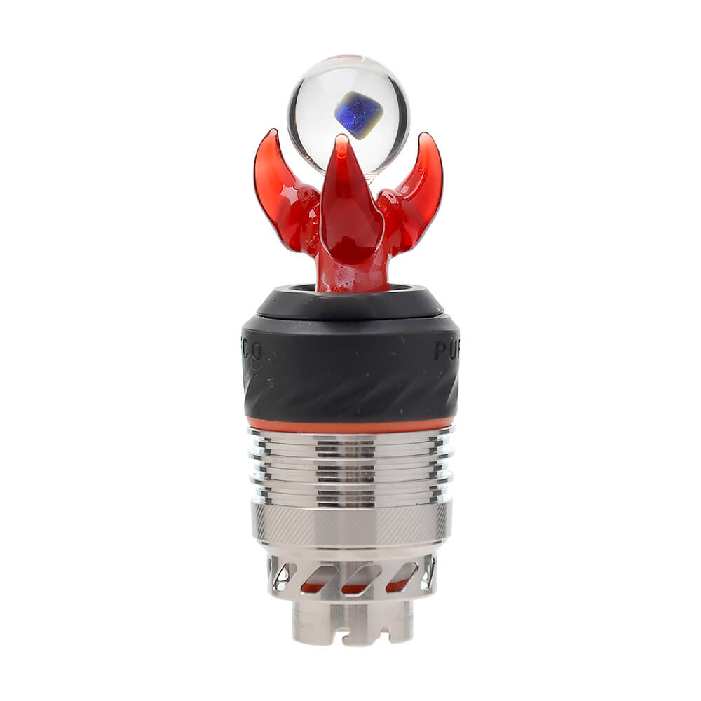 Seven color variations of the Calibear Dragon Claw Glass Joystick Carb Cap with encased opals, mounted on Puffco Peak Pro 3DXL chambers, featuring sculpted three-pronged glass dragon claws holding clear spheres with shifting colored opals inside in teal, red, yellow, pink, green, blue, and purple.